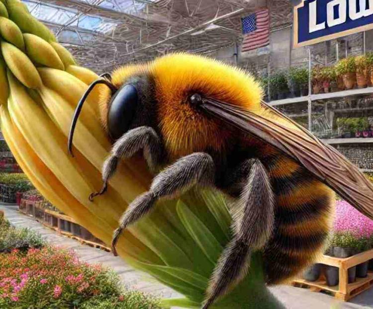 An upside-down bee spotted at Lowe's garden center, busy pollinating among the flowers.