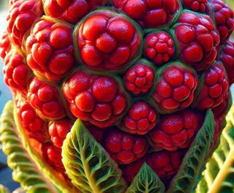 A rare red plant found by a lake, standing out against the green foliage of the surrounding area.